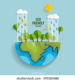 ECO FRIENDLY. Ecology concept with Green Eco Earth and Trees. Vector illustration.