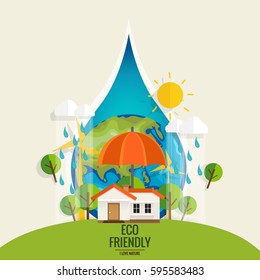 ECO FRIENDLY. Ecology concept with Green Eco Earth and Trees. Vector illustration.