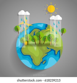 ECO FRIENDLY. Ecology concept with Green Eco Earth and Trees. Vector illustration.