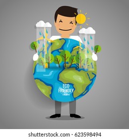ECO FRIENDLY. Ecology concept with Green Eco Earth and Trees. Vector illustration.
