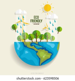 ECO FRIENDLY. Ecology concept with Green Eco Earth and Trees. Vector illustration.