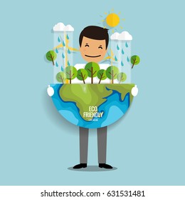 ECO FRIENDLY. Ecology concept with Green Eco Earth and Trees. Vector illustration.