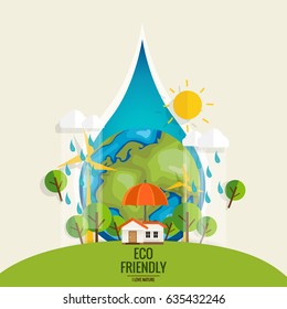 ECO FRIENDLY. Ecology concept with Green Eco Earth and Trees. Vector illustration.