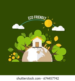 ECO FRIENDLY. Ecology concept with Green Eco Earth and Trees. Vector illustration.