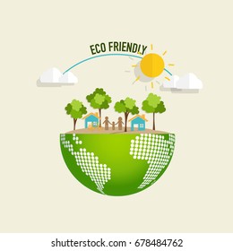ECO FRIENDLY. Ecology concept with Green Eco Earth and Trees. Vector illustration.