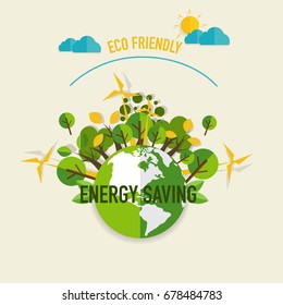 ECO FRIENDLY. Ecology concept with Green Eco Earth and Trees. Vector illustration.