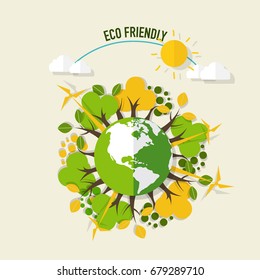 ECO FRIENDLY. Ecology concept with Green Eco Earth and Trees. Vector illustration.