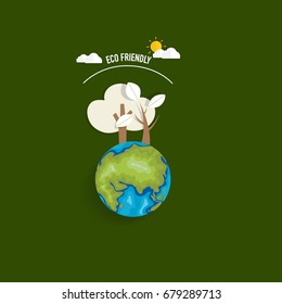 ECO FRIENDLY. Ecology concept with Green Eco Earth and Trees. Vector illustration.