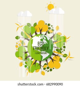 ECO FRIENDLY. Ecology concept with Green Eco Earth and Trees. Vector illustration