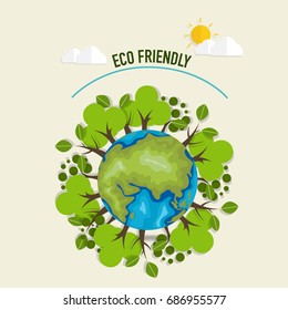 ECO FRIENDLY. Ecology concept with Green Eco Earth and Trees. Vector illustration.