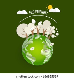 ECO FRIENDLY. Ecology concept with Green Eco Earth and Trees. Vector illustration