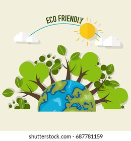 ECO FRIENDLY. Ecology concept with Green Eco Earth and Trees. Vector illustration.