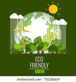 ECO FRIENDLY. Ecology concept with Green Eco Earth and Trees. Vector illustration.