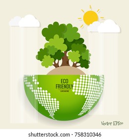 ECO FRIENDLY. Ecology concept with Green Eco Earth and Trees. Vector illustration.