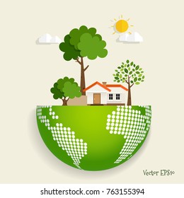 ECO FRIENDLY. Ecology concept with Green Eco Earth and Trees. Vector illustration.