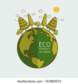 ECO FRIENDLY. Ecology concept with Green Eco Earth and Trees. Vector illustration.