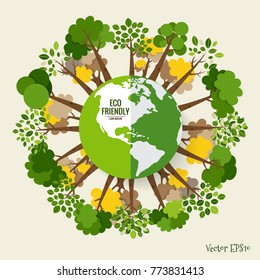 ECO FRIENDLY. Ecology concept with Green Eco Earth and Trees. Vector illustration.