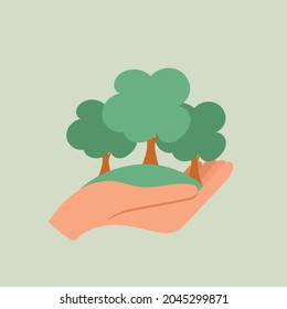 ECO FRIENDLY. Ecology concept with hand holding tree. Vector illustration