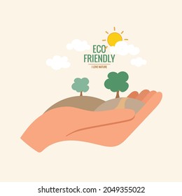 ECO FRIENDLY. Ecology concept with hand holding tree. Vector illustration