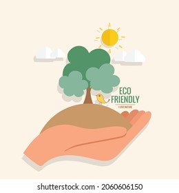 ECO FRIENDLY. Ecology concept with hand holding tree. Vector illustration