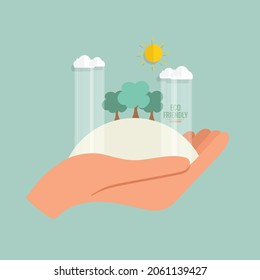 ECO FRIENDLY. Ecology concept with hand holding tree. Vector illustration