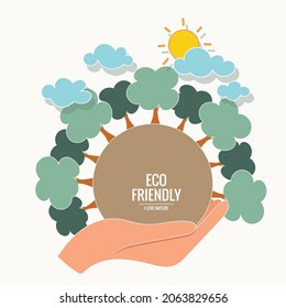 ECO FRIENDLY. Ecology concept with hand holding tree. Vector illustration