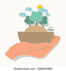 ECO FRIENDLY. Ecology concept with hand holding tree. Vector illustration