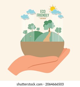 ECO FRIENDLY. Ecology concept with hand holding tree. Vector illustration