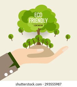 ES AMABLE. Concepto de ecología con fondo de mano y árbol. Ilustración vectorial.