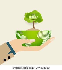 ECO FRIENDLY. Ecology concept with hand and tree background. Vector illustration.