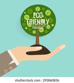 ECO FRIENDLY. Ecology concept with hand and tree background. Vector illustration.