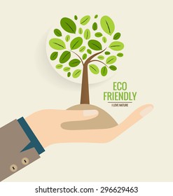 ECO FRIENDLY. Ecology concept with hand and tree background. Vector illustration.