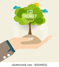 ECO FRIENDLY. Ecology concept with hand and tree background. Vector illustration.