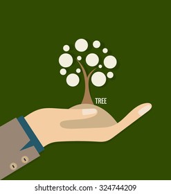 ES AMABLE. Concepto de ecología con fondo de mano y árbol. Ilustración vectorial.