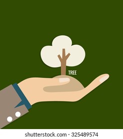 ECO FRIENDLY. Ecology concept with hand and tree background. Vector illustration.