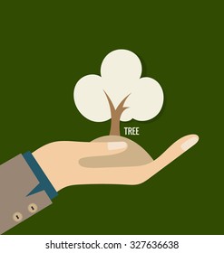 ECO FREUNDLICH. Ökologie-Konzept mit Hand und Baum-Hintergrund. Vektorgrafik.