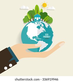 ECO FRIENDLY. Ecology concept with hand and tree background. Vector illustration.