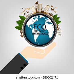 ECO FRIENDLY. Ecology concept with hand and tree background. Vector illustration.