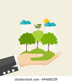 ECO FRIENDLY. Ecology concept with hand and tree background. Vector illustration.