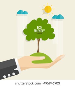 ECO FRIENDLY. Ecology concept with hand and tree background. Vector illustration.