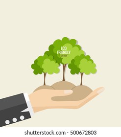ES AMABLE. Concepto de ecología con fondo de mano y árbol. Ilustración vectorial.