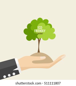 ES AMABLE. Concepto de ecología con fondo de mano y árbol. Ilustración vectorial.