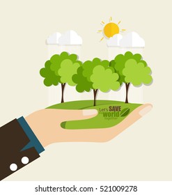 ECO FRIENDLY. Ecology concept with hand and tree background. Vector illustration.