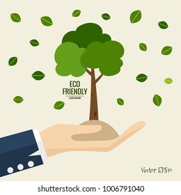 ES AMABLE. Concepto de ecología con fondo de árbol. Ilustración vectorial.