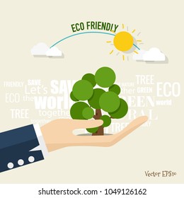 ECO FRIENDLY. Ecology concept with tree background. Vector illustration.