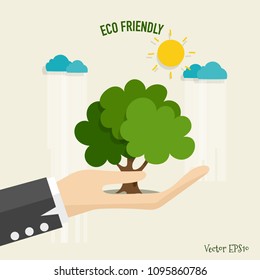 ECO FRIENDLY. Ecology concept with tree background. Vector illustration.