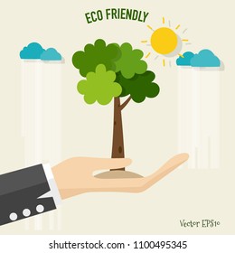 ECO FREUNDLICH. Ökologie-Konzept mit Baumhintergrund. Vektorgrafik.