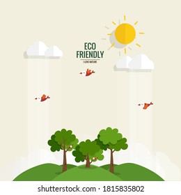 ECOLOGICAMENTE CORRETO. Conceito de ecologia com fundo de árvore. Ilustração vetorial