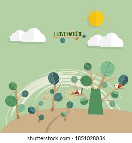 ES AMABLE. Concepto de ecología con fondo de árbol. Ilustración vectorial.