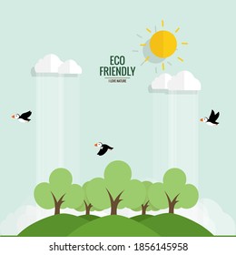 ECO FRIENDLY. Ecology concept with tree background. Vector illustration.